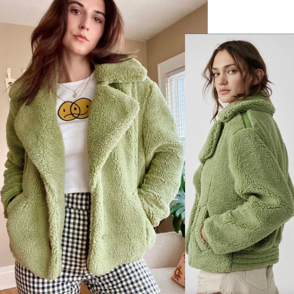 NEW Y2K Free People Joplin Cozy Sherpa Faux Fur Jacket Pistachio Green Apres Ski